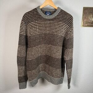 Boathouse Row Mens Vintage Wool Blend Striped Crewneck Sweater Brown Grey Large